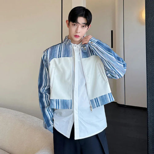 Load image into Gallery viewer, Korean Style Men&#39;s PU Leather Spliced Striped Short Jackets Male Contrast Color Loose Coats 2024 Autumn Fashion 9C6974
