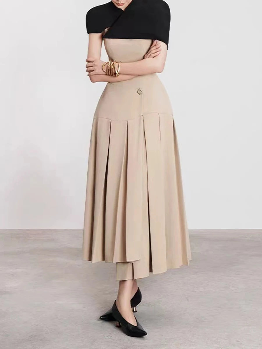 Hit Color Elegant Removable Dress For Women Square Collar Sleeveless High Waist Slimming Dress Female Fashion New