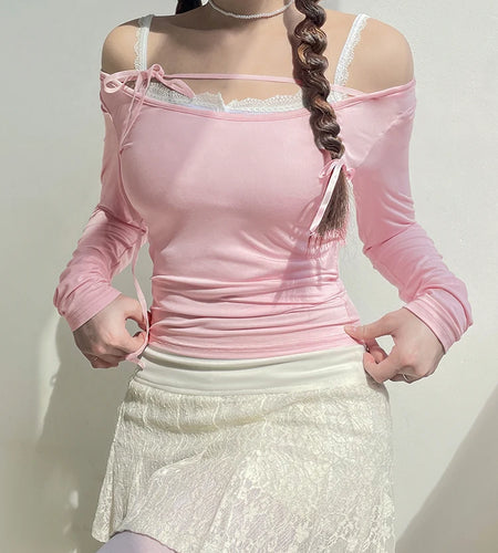 Pink Y2K Top Sweet Basic Slim Women's T-shirts Balletcore Korean Fashion Tie Up Tee Tee Shirt Outfits Chic Casual