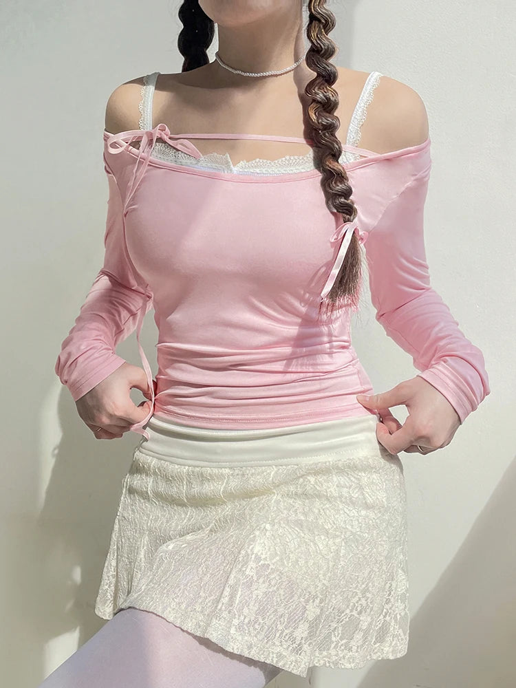 Pink Y2K Top Sweet Basic Slim Women's T-shirts Balletcore Korean Fashion Tie Up Tee Tee Shirt Outfits Chic Casual