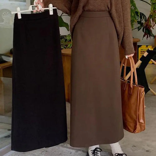 Load image into Gallery viewer, Autumn Brown Woolen Straight Long Skirts Women Black Casual Elegant Females Warm A-line Elastic High Waist Skirt Korean Fashion
