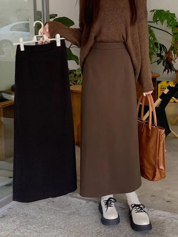 Autumn Brown Woolen Straight Long Skirts Women Black Casual Elegant Females Warm A-line Elastic High Waist Skirt Korean Fashion