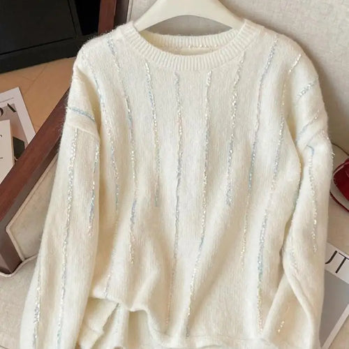 Load image into Gallery viewer, Korean Autumn Winter Beige Long Sleeves Loose Knit Crochet Sweater Women's Blue Round Neck Versatile Short Pullover Tops Popular
