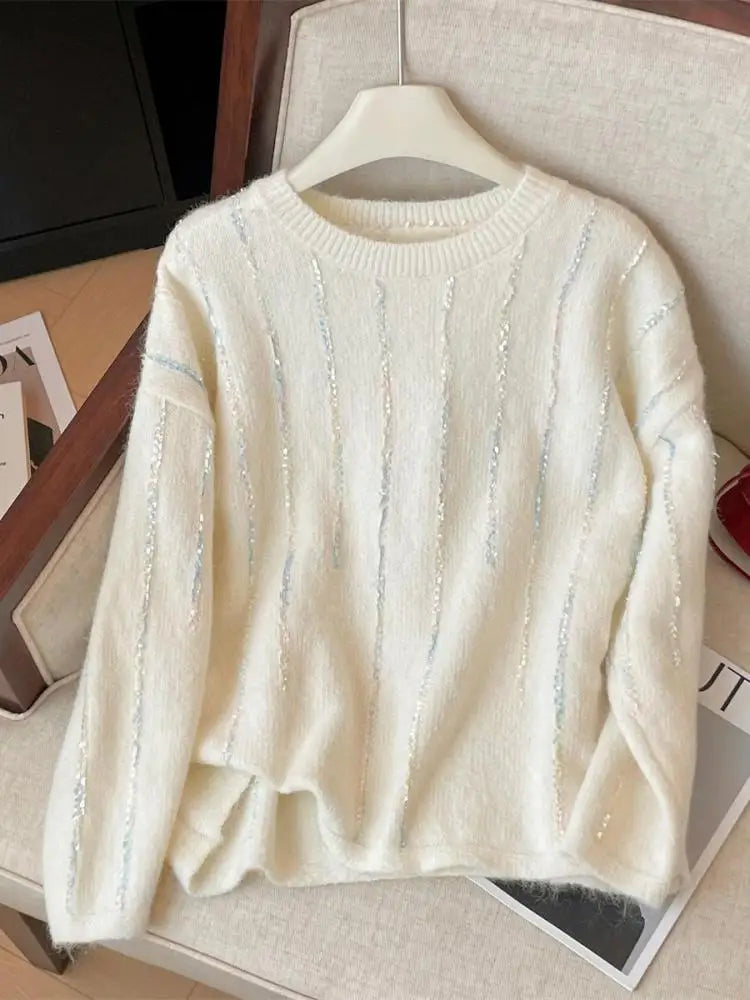 Korean Autumn Winter Beige Long Sleeves Loose Knit Crochet Sweater Women's Blue Round Neck Versatile Short Pullover Tops Popular