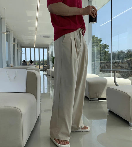 Men's Korean Style Casual Pants Loose Drawstring Design Straight Wide Leg Elastic Waist Male Clothing New Summer 9W1851