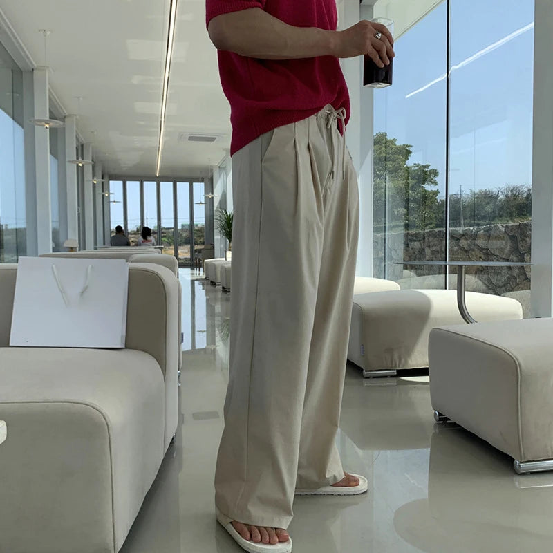 Men's Korean Style Casual Pants Loose Drawstring Design Straight Wide Leg Elastic Waist Male Clothing New Summer 9W1851