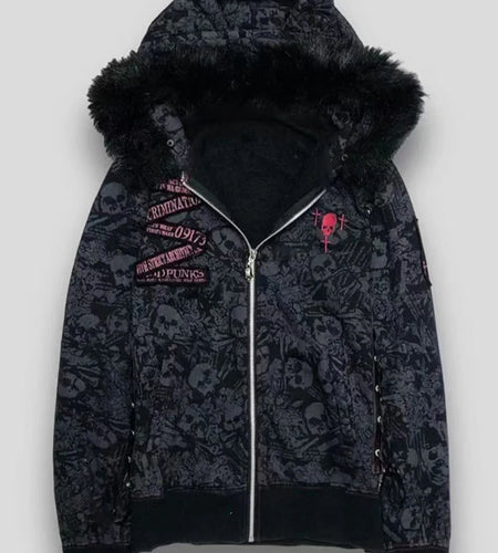 Goth Skull Print Y2k Hoodies Jackets Women Vintage Harajuku Coat Aesthetic Grunge Fur Patchwork Hooded Jacket Fairy Zipper Coat