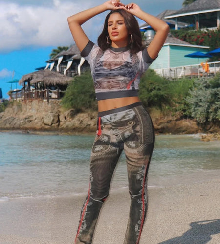 Sexy Vintage Print See Through 2 Piece Set Women Shorts Sleeve Crop Tops+Flare Pants Matching Midnight Fit Club Outfit