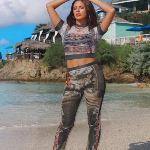 Load image into Gallery viewer, Sexy Vintage Print See Through 2 Piece Set Women Shorts Sleeve Crop Tops+Flare Pants Matching Midnight Fit Club Outfit
