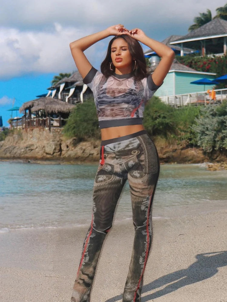Sexy Vintage Print See Through 2 Piece Set Women Shorts Sleeve Crop Tops+Flare Pants Matching Midnight Fit Club Outfit