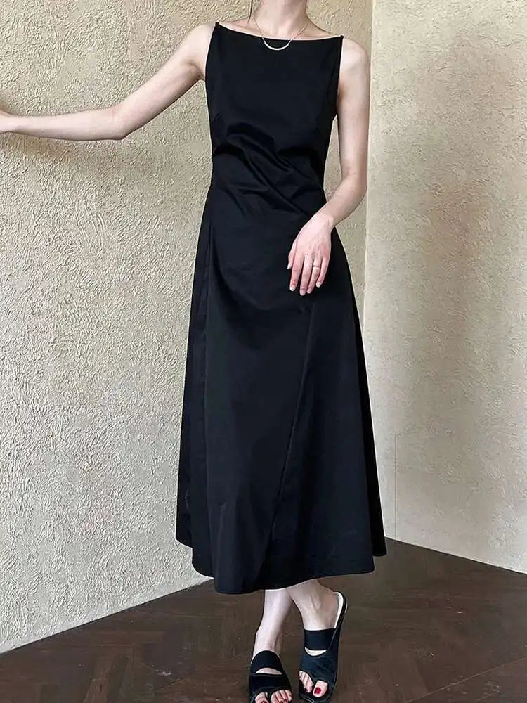 Women Black Pleated Elegant Pleated Long A-line Dress New Round Neck Sleeveless Fashion Tide Spring Summer 2025 1DH6117