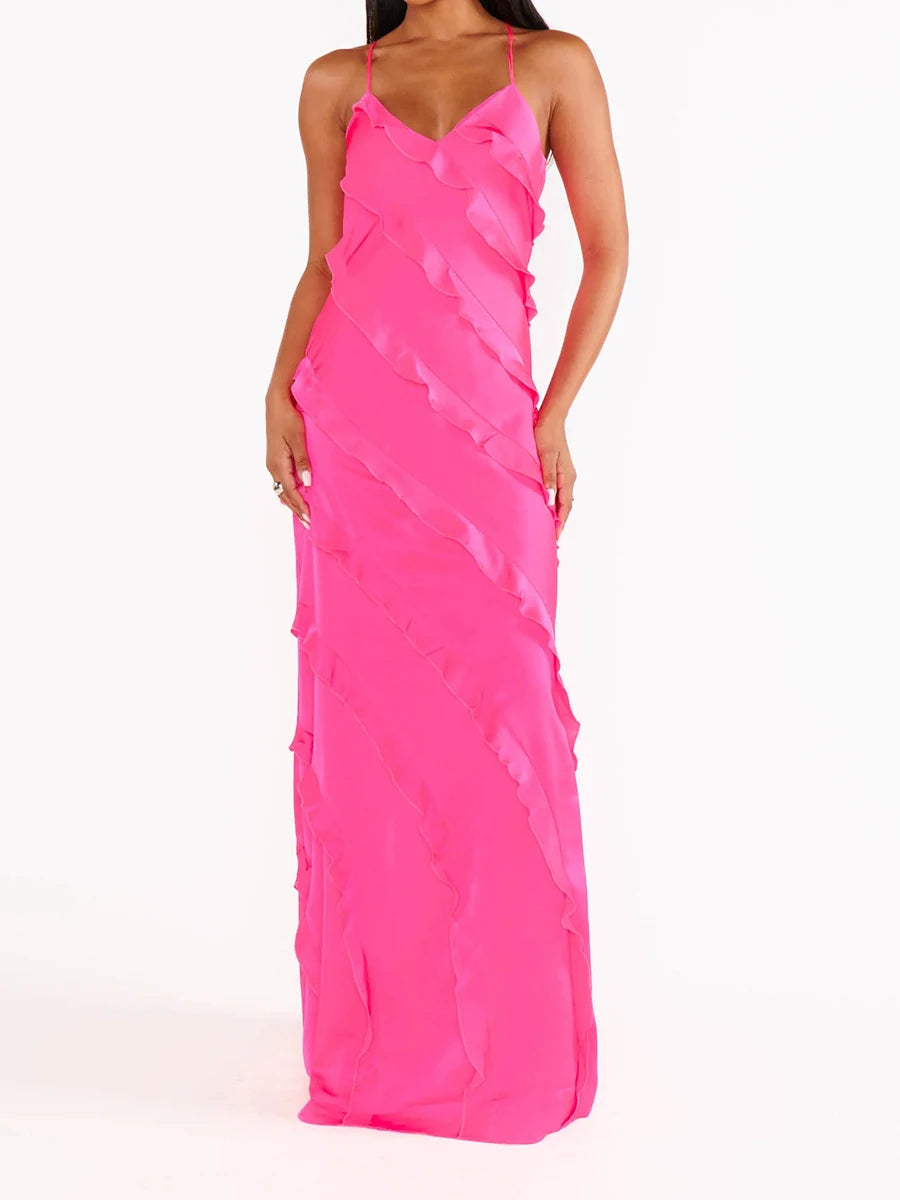Hit Color Spliced Ruffles Slimming Dresses For Women V Neck Sleeveless High Waist Temperament Dress Female Fashion