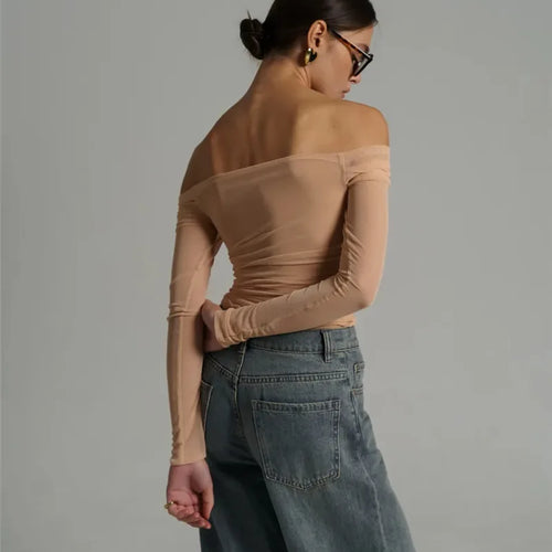 Load image into Gallery viewer, Summer Mesh Off-shoulder T-shirt Women Fashion Pleated Bust Backless Tees Tops Female Elegant Strapless See Through Top
