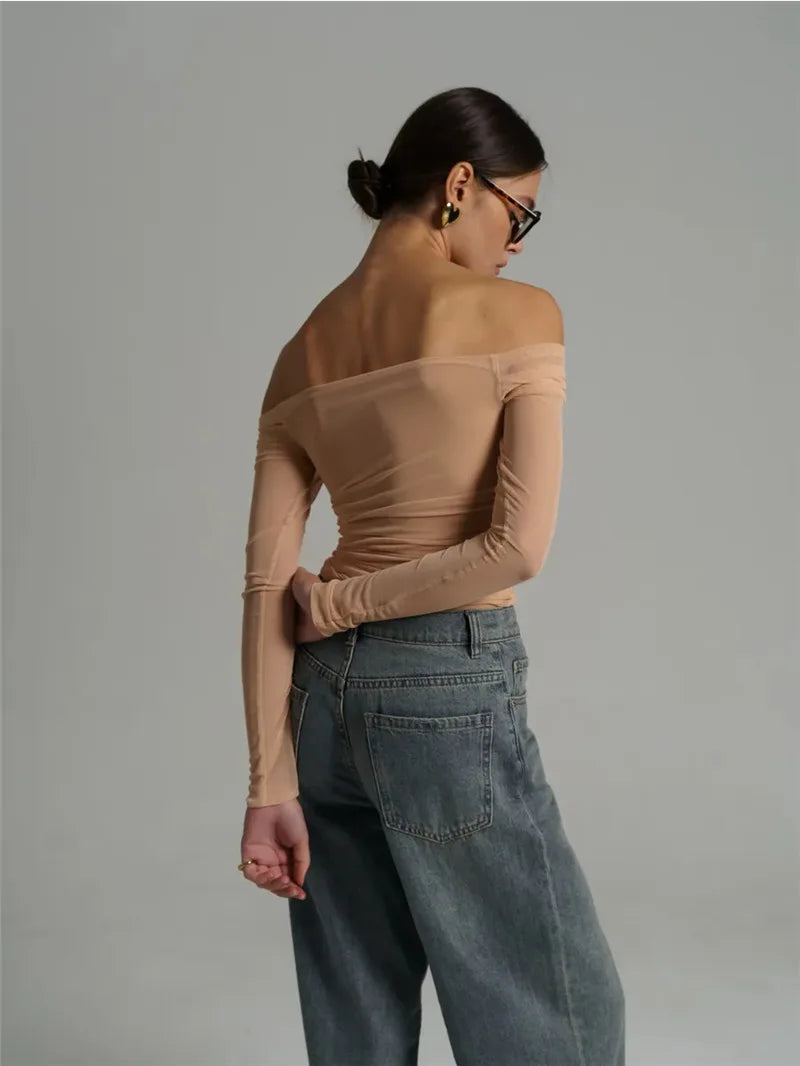 Summer Mesh Off-shoulder T-shirt Women Fashion Pleated Bust Backless Tees Tops Female Elegant Strapless See Through Top
