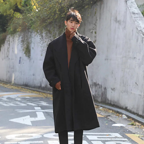 Load image into Gallery viewer, Simple Men&#39;s Woolen Overcoats Solid Color Turn-down Collar Casual Tops Overknee Single Breasted Loose Male Trench 9C8989
