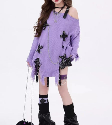 Streetwear Loose Women Skew Collar Sweater Y2k Aesthetic Vintage Patchwork Knitted Jumper Hole Split Grunge Harajuku Pullovers