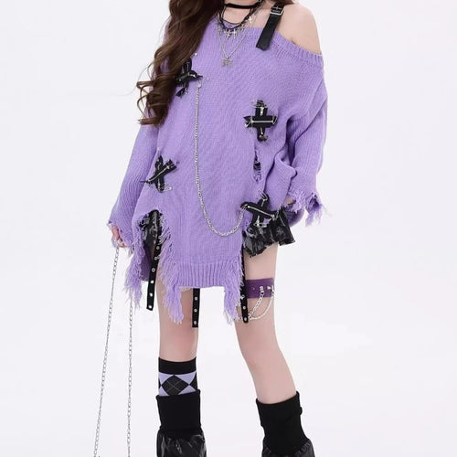 Load image into Gallery viewer, Streetwear Loose Women Skew Collar Sweater Y2k Aesthetic Vintage Patchwork Knitted Jumper Hole Split Grunge Harajuku Pullovers
