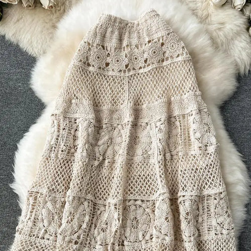 Load image into Gallery viewer, Retro French White Elegant Hook Flower Hollow Elastic High Waist Skirt Women Khaki Vacation Slim Skirts Female Autumn New Trend
