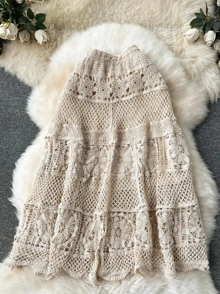 Retro French White Elegant Hook Flower Hollow Elastic High Waist Skirt Women Khaki Vacation Slim Skirts Female Autumn New Trend