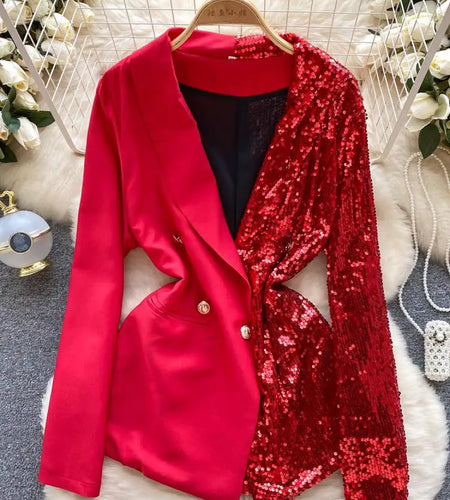 High Quality New 2023 Fashion Sequin Patchwork Suit Jacket Women's Double Breasted Versatile Blazer Coat Autumn Winter Vintage
