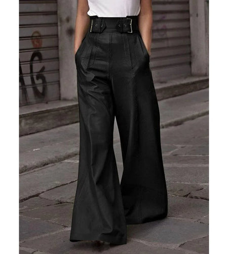 Autumn Winter Women's Faux Pu Long Pants 2024 High Waisted Loose Pleated Pockets Streetwear Female Wide Leg Trousers