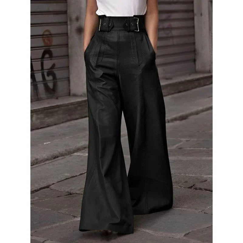 Autumn Winter Women's Faux Pu Long Pants 2024 High Waisted Loose Pleated Pockets Streetwear Female Wide Leg Trousers