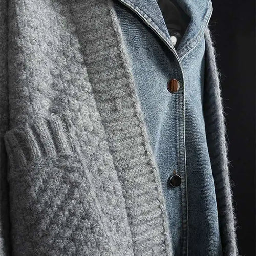 Load image into Gallery viewer, Gray Denim Irregular Big Size Knitting Cardigan Sweater Lapel Long Sleeve Women New Fashion Autumn Winter 2025 1DH5636
