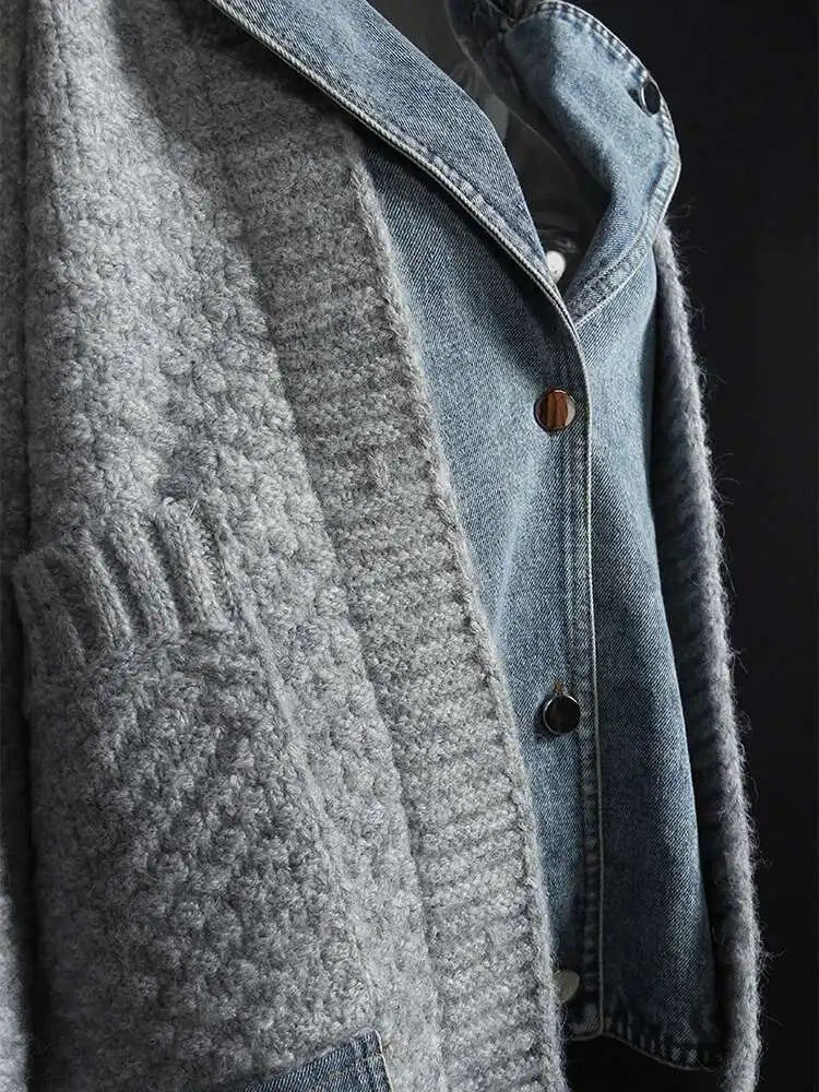 Gray Denim Irregular Big Size Knitting Cardigan Sweater Lapel Long Sleeve Women New Fashion Autumn Winter 2025 1DH5636