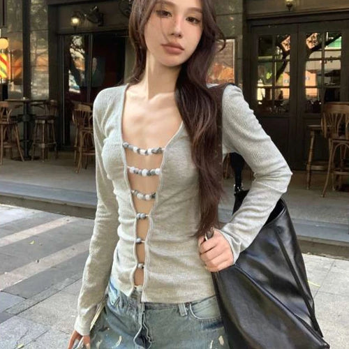 Load image into Gallery viewer, Sexy Hollow Out Grunge String Beads Shirts Femme Slim Y2k Aesthetic Solid Streetwear Cropped Tops Women Harajuku Grunge T-shirt
