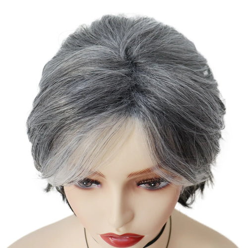 Load image into Gallery viewer, Synthetic Pixie Cut Grey Short Curly Wigs for Women Natural Layered Ombre Wig with Bangs Salt and Pepper Wigs Old Lady Mommy Wig
