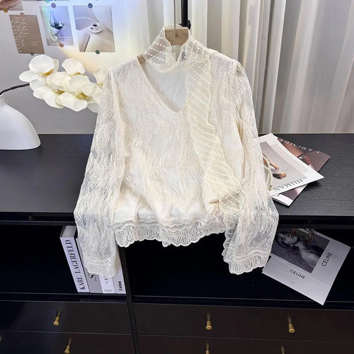 Load image into Gallery viewer, French Vintage Women Beige Lace Embroidery V Neck Long Sleeve Shirt Spring Elegant Holiday Short Tops Popular Versatile Clothes
