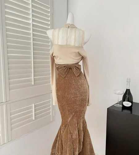 Autumn Winter Women Fashion Beige Patchwork Lace Long Sleeves Off Shoulder Tops And Brown High Waist Pleated Skirt Two-piece Set