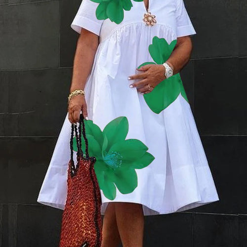 Load image into Gallery viewer, Women&#39;s Summer New Dress 2025 V-Neck Pleated Short Sleeves White Loose Flower Print Casual Midi Dresses for Woman
