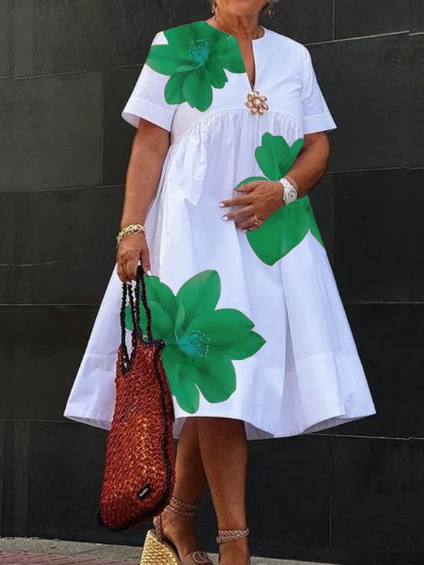 Women's Summer New Dress 2025 V-Neck Pleated Short Sleeves White Loose Flower Print Casual Midi Dresses for Woman