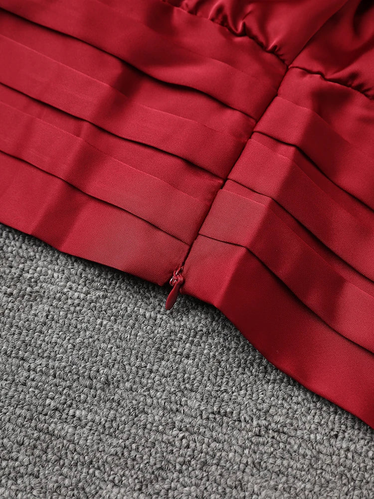 Women Red Irregular Pleated Big Size Elegant Blouse New V-neck Long Sleeve Shirt Fashion Tide Spring Autumn 2025  9C7045