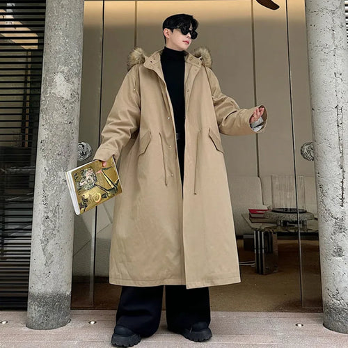 Load image into Gallery viewer, Winter Hooded Padded Coat Detachable Fur Collar Outwear Men Solid Color Single Breasted Casual Korean Overcoat 9C9023
