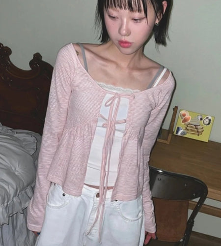 Korean Women Bandage Bow Cardigans Vintage Fairy Y2k Aesthetic Striped Coat Streetwear Fashion Casual Chic Fairy Cardigan Femme