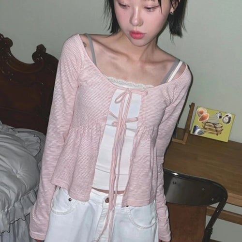 Load image into Gallery viewer, Korean Women Bandage Bow Cardigans Vintage Fairy Y2k Aesthetic Striped Coat Streetwear Fashion Casual Chic Fairy Cardigan Femme
