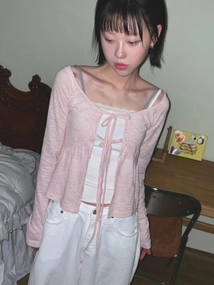Korean Women Bandage Bow Cardigans Vintage Fairy Y2k Aesthetic Striped Coat Streetwear Fashion Casual Chic Fairy Cardigan Femme