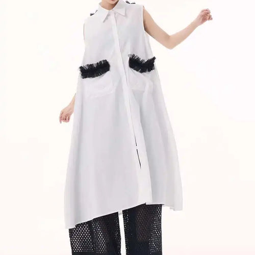 Load image into Gallery viewer, Women White Mesh Color-block Backless Big Size Shirt Dress New Lapel Sleeveless Fashion Tide Spring Summer 2025 1DH9518

