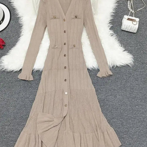 Load image into Gallery viewer, Korean 2024 New Spring Autumn Solid Temperament V-neck Knitted Dresses Women's Elegant Long Sleeve Office Buttons Ruffles Dress

