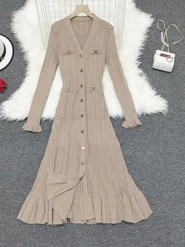 Korean 2024 New Spring Autumn Solid Temperament V-neck Knitted Dresses Women's Elegant Long Sleeve Office Buttons Ruffles Dress