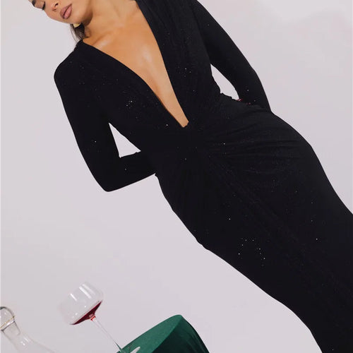 Load image into Gallery viewer, Glitter Deep V Neck Sexy Maxi Dress For Women Elegant Sparkle Long Sleeve Ruched Bodycon Split Club Party Sexy Dress
