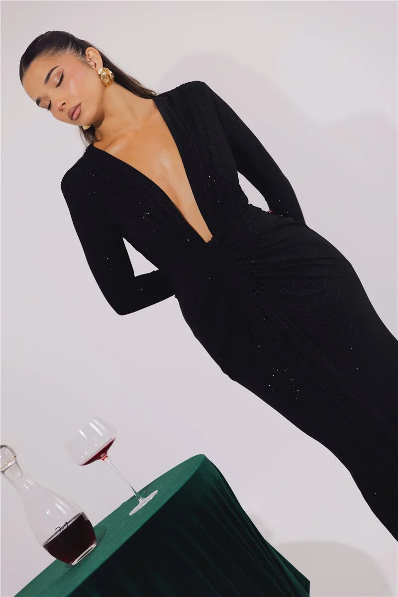 Glitter Deep V Neck Sexy Maxi Dress For Women Elegant Sparkle Long Sleeve Ruched Bodycon Split Club Party Sexy Dress