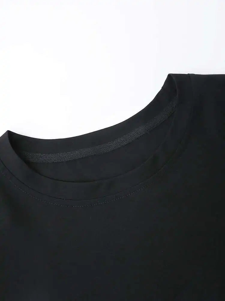 Women Black Irregular Spliced Big Size Casual T-shirt New Round Neck Short Sleeve Fashion Tide Spring Summer 2025 CPG1356