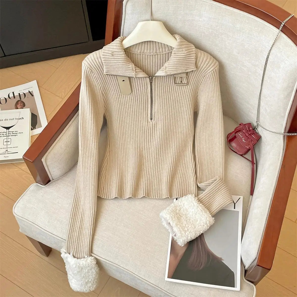 Korean Fashion Autumn Winter Black Elegant Long Sleeves Knit Sweater Women's Beige Half Zipper Pullover Short Tops Popular Trend