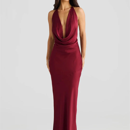 Load image into Gallery viewer, Satin Halter Backless Sexy Maxi Dress Women Gown Elegant Solid Sleeveless Lace-up High Waist Evening Club Long Dress

