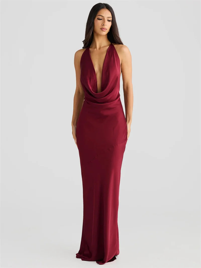Satin Halter Backless Sexy Maxi Dress Women Gown Elegant Solid Sleeveless Lace-up High Waist Evening Club Long Dress