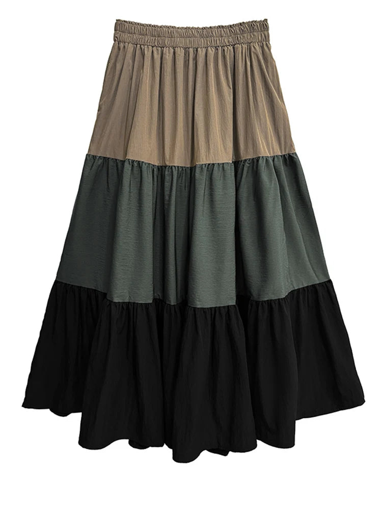 High Elastic Waist Green Color-block Pocket A-line Cake Half-body Skirt Women Fashion Tide New Spring Autumn 2025 1DJ0956