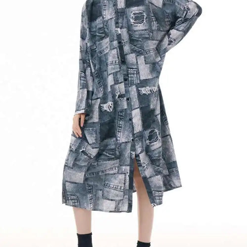 Load image into Gallery viewer, Women Blue Printed Big Size Midi Shirt Dress New Lapel Long Sleeve Loose Fit Fashion Tide Spring Autumn 2025 1DH0515
